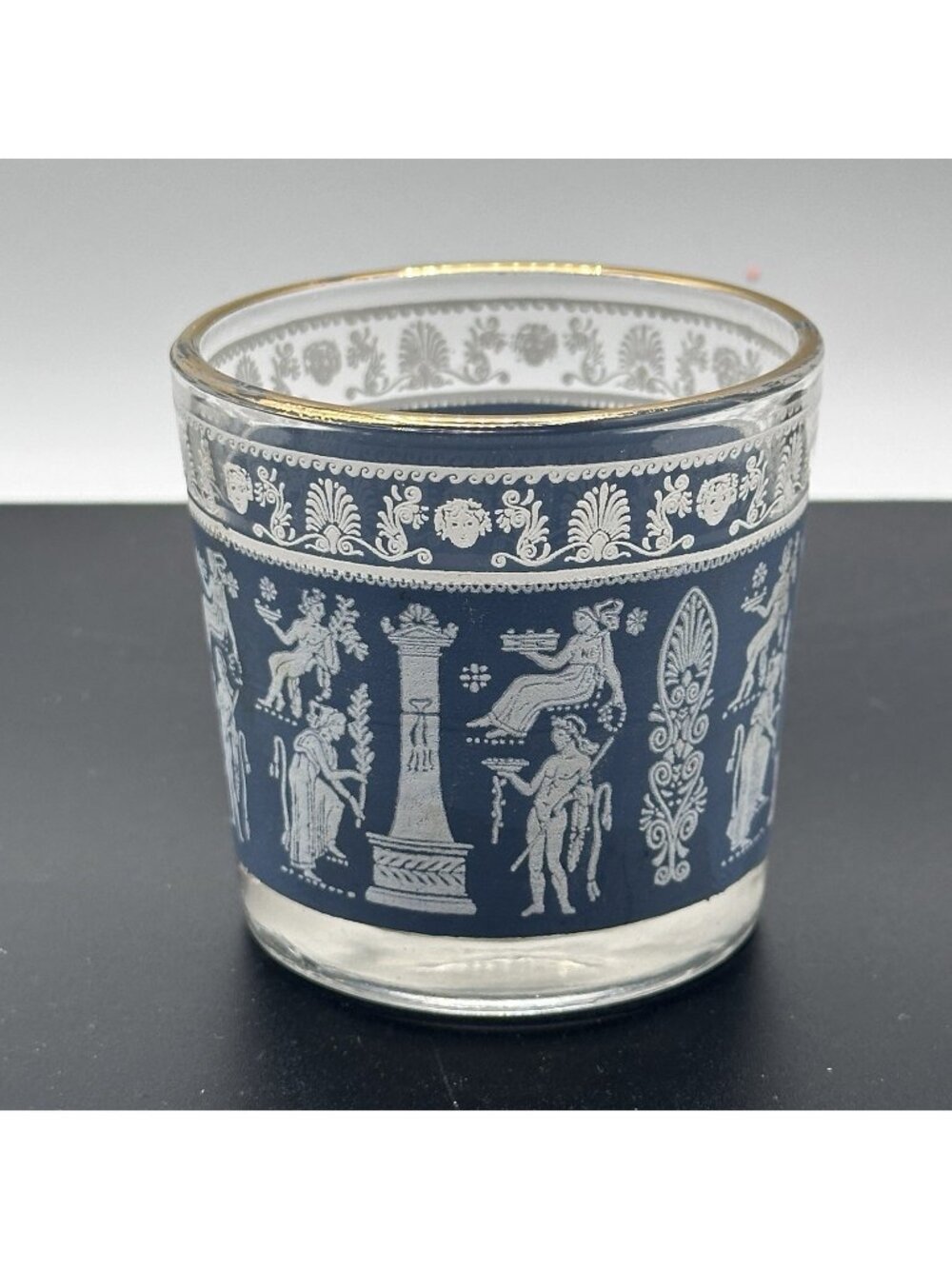 Vintage Jeannette Blue Corinthian Shot Glass Greco Roman Classical Barware 2.5"